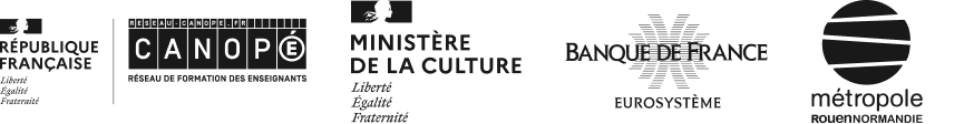 logos des partenaires du jeu Numéville : Ministère de la Culture, Réseau Canopé, Banque de France, Métropole Rouen Normandie
